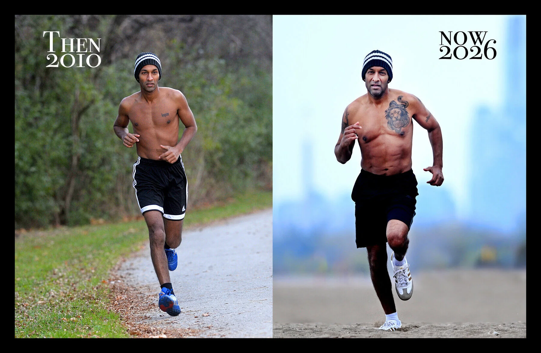 Side-by-side photo of Dr. Sanjeev Goel running in 2010 and 2026, demonstrating his sixteen-year biological-age reversal