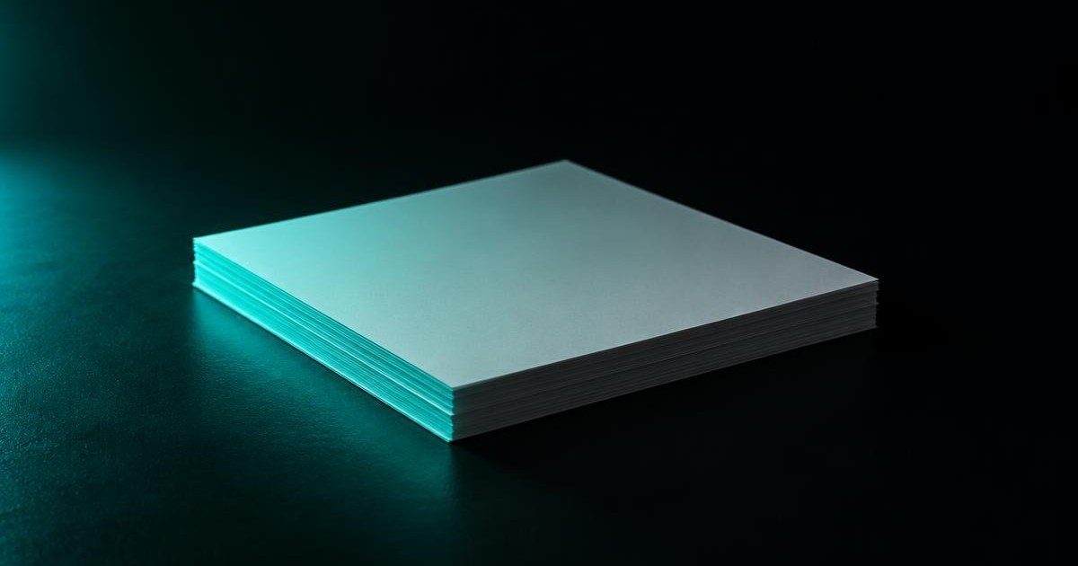 A short stack of plain paper sheets on a dark surface, edge-lit in turquoise