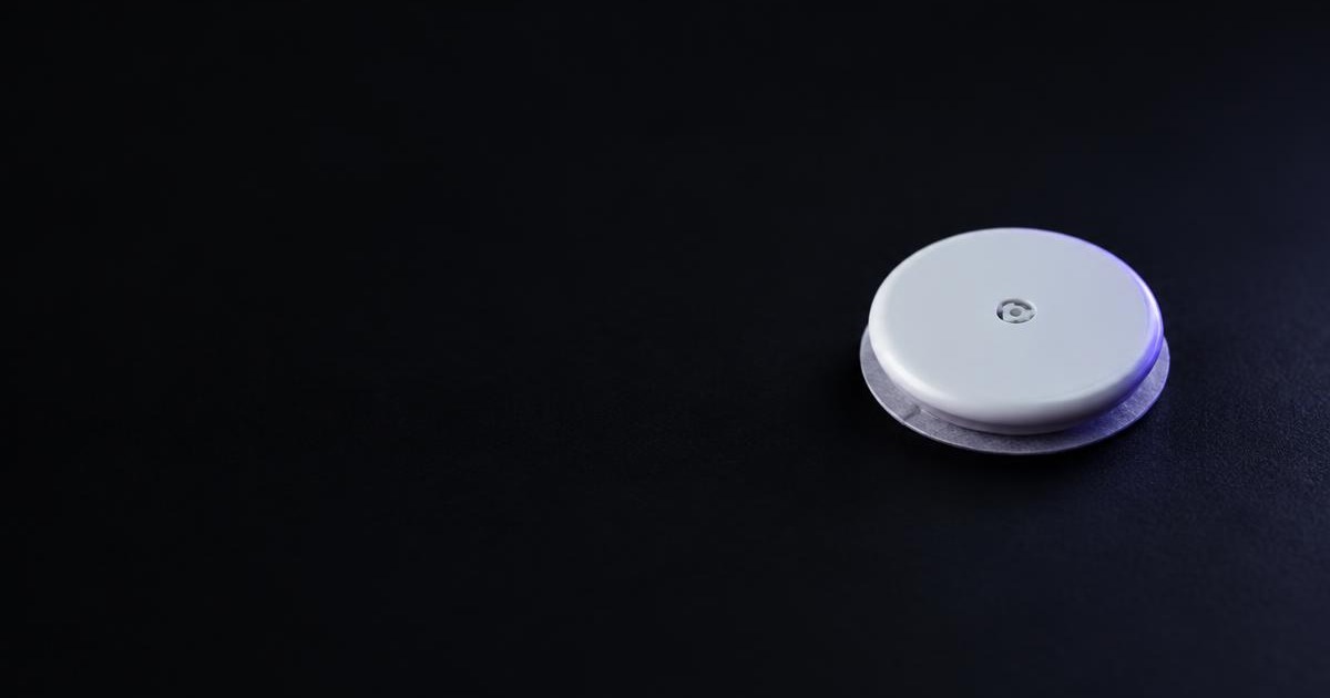 A small round continuous glucose monitor sensor disc on a dark surface, lit in periwinkle