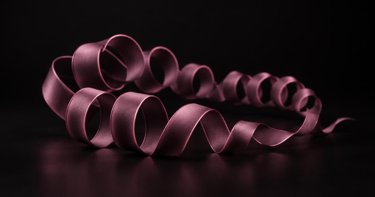 A single coiled ribbon form on a dark surface, lit in dusty orchid
