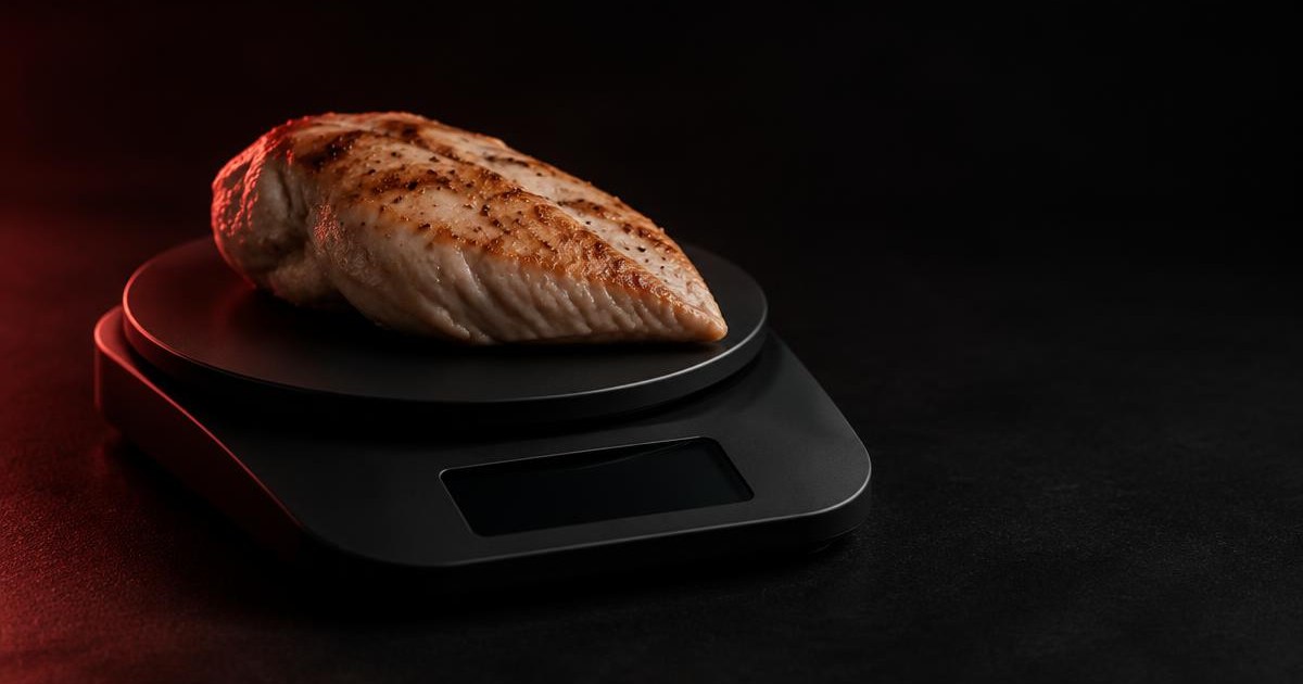 A kitchen scale on a dark surface holding a single portion of food, lit in crimson