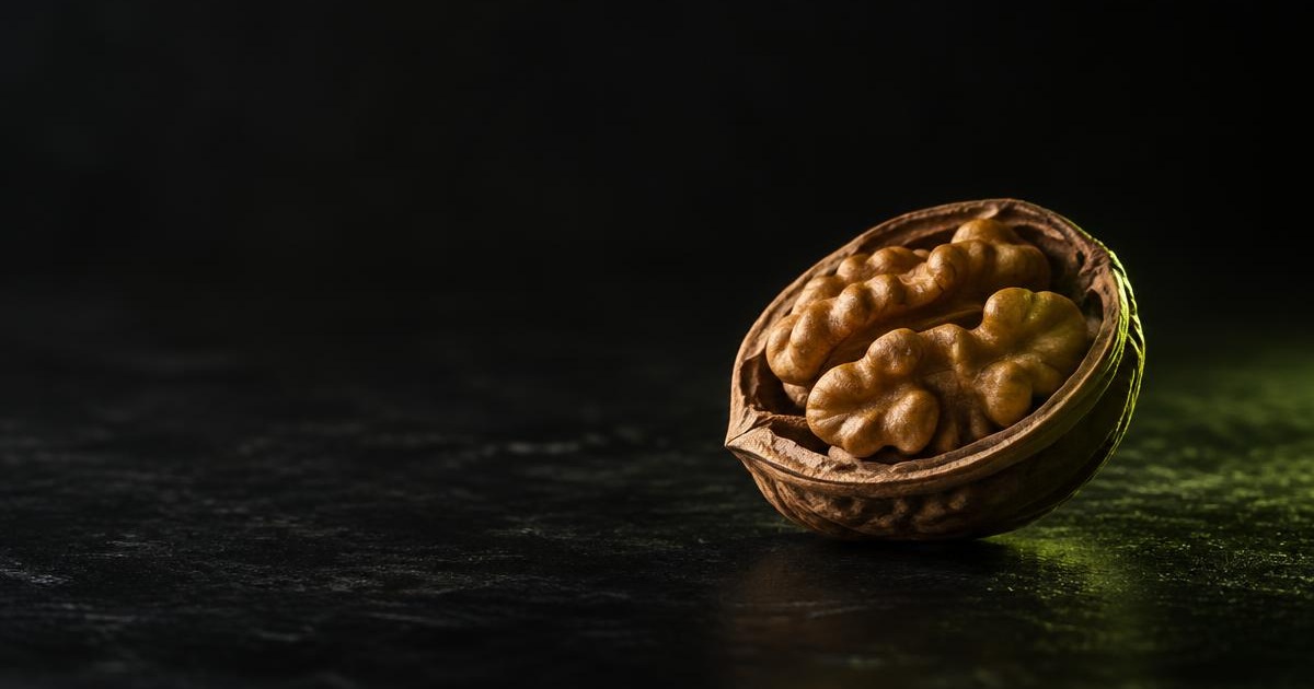 A single walnut half lit in leaf green against a near-black background