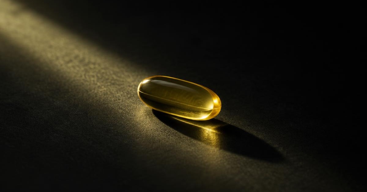 A single softgel capsule on a dark surface, lit by one narrow shaft of pale daylight